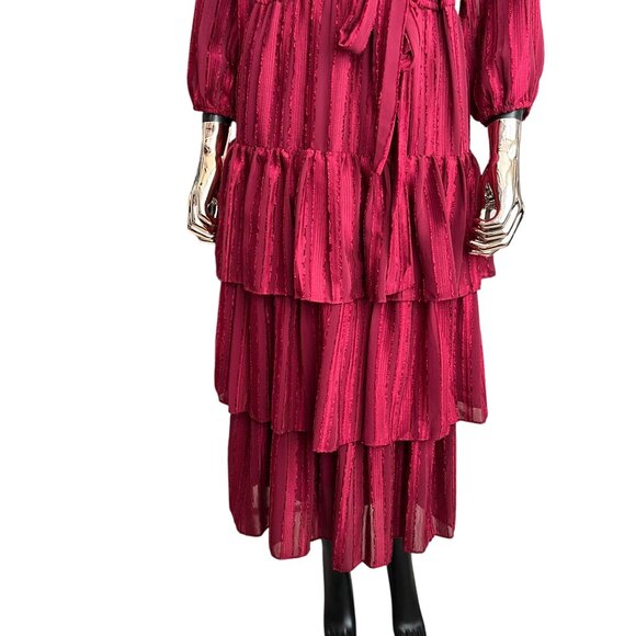 Melonie T Red Tiered Ruffle Midi Dress Size 10 Long Sleeve V-Neck Holiday Party - Picture 5 of 9